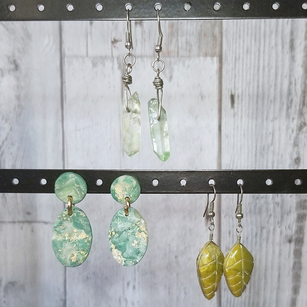 🌿Bundle of 3 Pairs Handmade Earrings 🍃soft green colours, dangly earrings 🌻